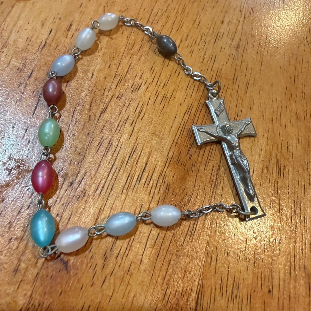 Vintage Multi Color Moonstone Bead Rosary Bracelet Silver Tone INRI Crucifix